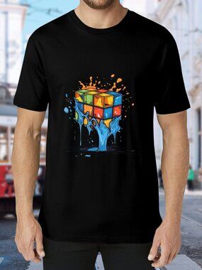 Black Short Sleeve Tee with Colorful Rubik Cube Splash Graphic